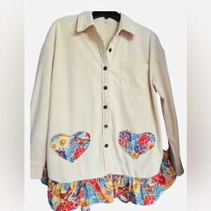 NWT Upcycled Corduroy Jacket – Floral Heart Pocket Ruffle Hem